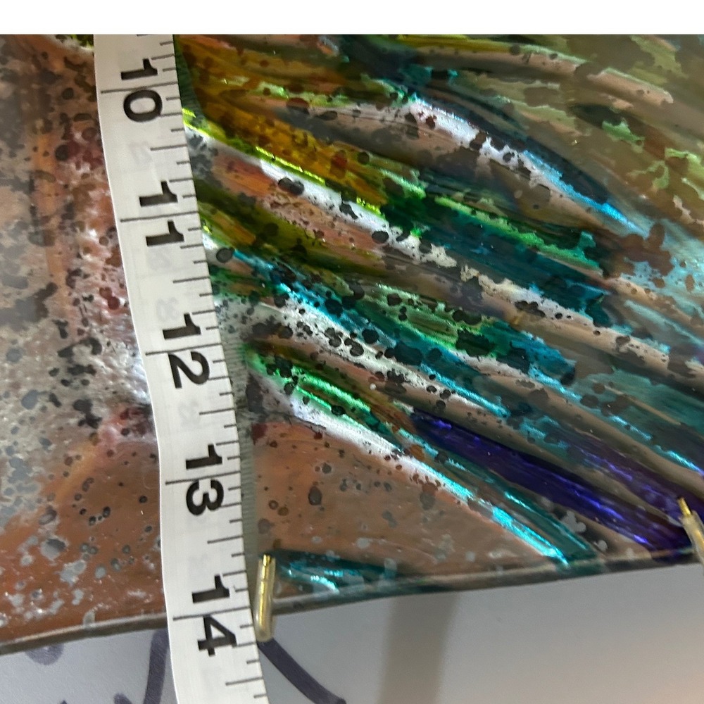 Vintage Fused Glass Peacock Feather Rectangular Plate Wall Art Decor 14in - Picture 5 of 6